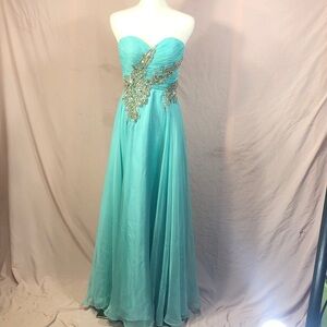 Strapless Aqua Evening Gown with Beaded Bodice Size Small A-line Ball Gown Prom